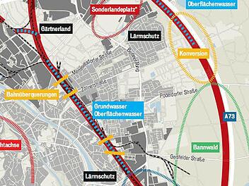 Drei Trassenvarianten stehen noch zur Wahl: Die Ostumfahrung (rechts), der Ausbau im Bestand und die Untertunnelung. Noch im Sommer könnte die Grundsatz-Entscheidung des Stadtrats fallen.  Foto: Grafik: Schäfer