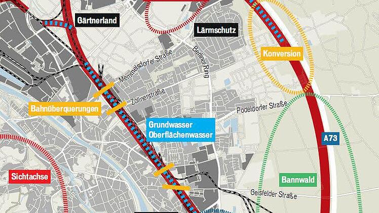 Drei Trassenvarianten stehen noch zur Wahl: Die Ostumfahrung (rechts), der Ausbau im Bestand und die Untertunnelung. Noch im Sommer könnte die Grundsatz-Entscheidung des Stadtrats fallen.  Foto: Grafik: Schäfer