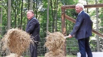 Offizielle Eröffnung - mit Fütterung. Landwirtschaftsminister Helmut Brunner (links) und Landkrat Johann Kalb