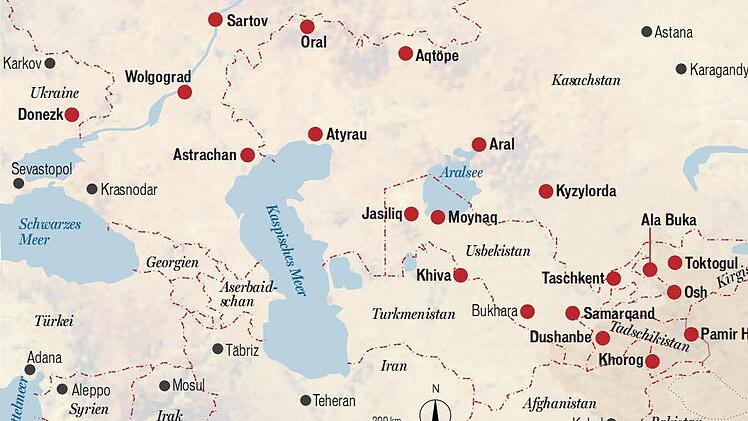 Die eigentliche Motorrad-Tour Fläschners begann in Donezk in der Ukraine und führte über Teile der Seidenstraße bis nach Afghanistan und durch Kasachstan nördlich des Aralsees zurück. Grafik: Rothe