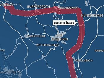 So soll die Osttrasse von Burkardroth (links) in Richtung Osten über Aschach, Staatsbad Bad Bocklet und Burghausen weiter südlich an Bad Kissingen vorbei verlaufen.