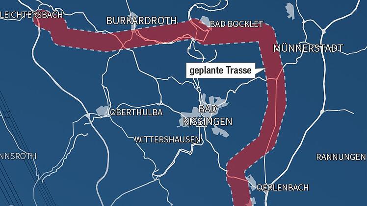 So soll die Osttrasse von Burkardroth (links) in Richtung Osten über Aschach, Staatsbad Bad Bocklet und Burghausen weiter südlich an Bad Kissingen vorbei verlaufen.