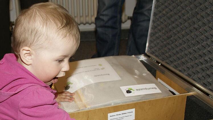 Große Faszination übte der "Wald im Koffer" auf die kleine Maja aus. Ihre Mutter Simone Peuleke studierte Forstwirtschaft und Umweltmanagement. In Fabrikschleichach ist sie als Erlebnisbäuerin aktiv und trägt zum pädagogischen Programm der Ausstellung bei. Foto: sw