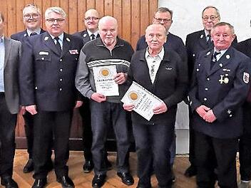 Die Geehrten Erich Hein, Walter Schenk und Jürgen Diller (Fünfter bis Siebter von links) mit Vorstandsmitgliedern und Ehrengästen der Freiwilligen Feuerwehr Seelach Foto: privat