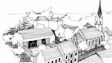 Der Entwurf des Architekten Johannes Müller zeigt das zukünftige Gemeindehaus (links) neben der Kirche und dem Mesnerhaus.