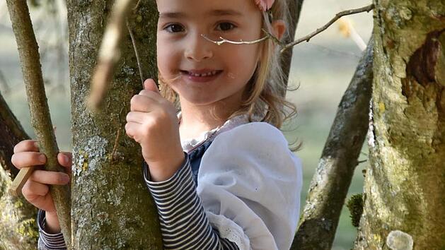 Waldkindergartenkind Amelie (5) auf ihrem Lieblingskletterbaum im Wurzelwald. Uschi Prawitz