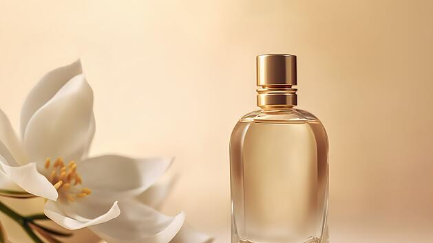 einfache transparente Flasche Duft in minimalistischen Stil mit wei&szlig;er Vanille Blume, hartes Licht auf beige Hintergrund, Duft, Parf&uuml;m