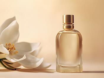 einfache transparente Flasche Duft in minimalistischen Stil mit weißer Vanille Blume, hartes Licht auf beige Hintergrund, Duft, Parfüm