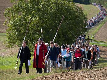 Die Würzburger Kreuzbergwallfahrer gestern auf einem Wiesenweg zwischen Gramschatz und Arnstein. Foto: Daniel Peter