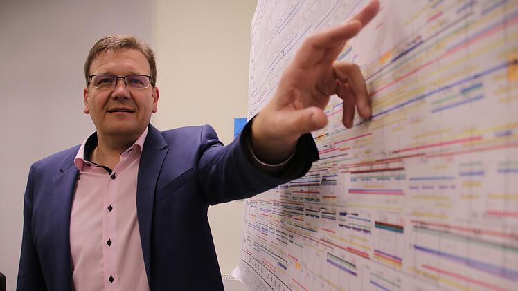 Je bunter der Kalender, desto mehr Gäste im Heiligenhof. Stiftungsdirektor Steffen Hörtler zeigt auf das Pfingstwochenende - seitdem steigen die Übernachtungszahlen nach dem Lockdown wieder.