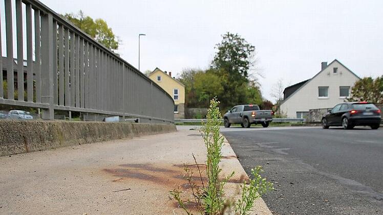 Vor einigen Wochen wuchsen noch Gräser aus einer Spalte zwischen Bordstein und Gehsteig auf der Zentbrücke.  Fotos: Thomas Malz