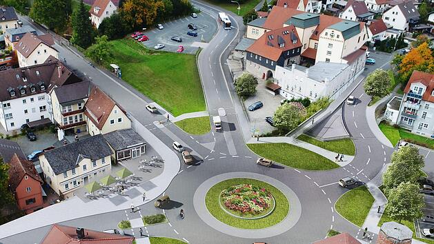 Ein wichtiges Projekt im Kulmbacher Haushalt - die  neue Baich: Eineinhalb Jahre wird am Krankenhausberg gebaut und im Zuge der Hochwasserfreilegung auch die Hofer Straße umgestaltet. Ab 2022 ersetzt ein Kreisverkehr die bisherige Kreuzung. Oberhalb des Kreisels  das Einlaufbauwerk für das Purbach-Wasser.  Visualisierung: Stadt Kulmbach