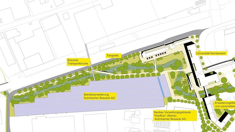 Das ist die mit der  Brauerei abgestimmte Planung - hier gibt es mehr Platz (grau)  für Lagerhallen und ein neues Bürogebäude (rechts) der Kulmbacher.  Grafik: Büro Schirmer