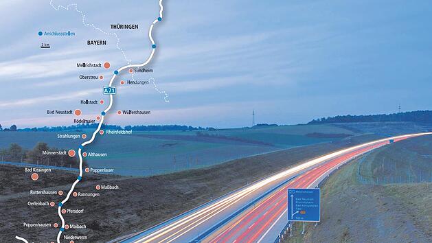 Von Schweinfurt durch die Rh&ouml;n und &uuml;ber den Th&uuml;ringer Wald f&uuml;hrt die Autobahn 71. Sie ist am 17. Dezember vor 15 Jahren er&ouml;ffnet worden.  Foto: Sonja Demmler, Grafik: Heike Grigull