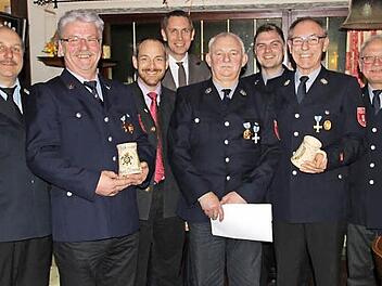 Ehrungen bei der Felkendorfer Feuerwehr. Im Bild (von links) Kreisbrandmeister Udo Hermannsdörfer, Erhard Krasser, stellvertretender Landrat Jörg Kunstmann, Bürgermeister Martin Bernreuther, Fritz Günther, Bernd Hacker, Jens Krasser und Michael Ganzleben Foto: Katharina Müller-Sanke