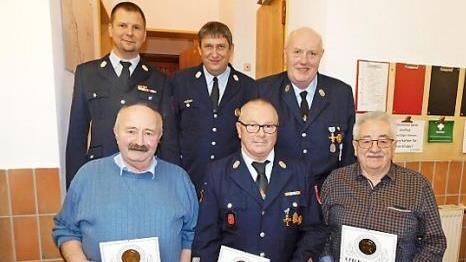 Seit 50 Jahren gehören (vorne, von links) Rainer Müller, Berthold Wirth und Alfred Preußinger zur Feuerwehr Langenstadt. Es gratulierten (dahinter, von links) Kreisbrandmeister Thomas Hofmann, Kommandant Otmar Preußinger und Vorsitzender Frank Kirschner.