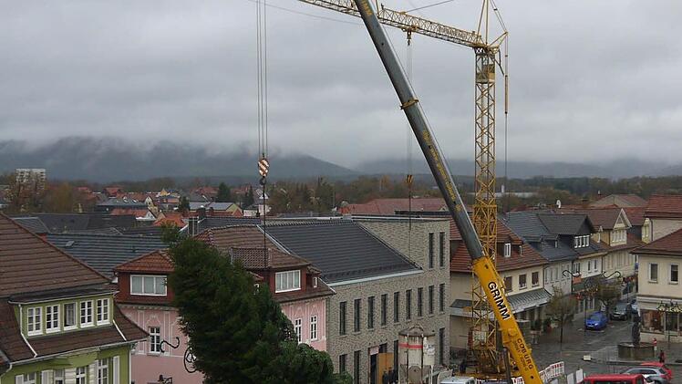 Auf dem Neustadter Marktplatz ist am Donnerstag der Weihnachtsbaum aufgestellt worden. Foto: Berthold Köhler