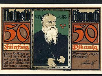 Vorderseite des 1921 herausgebrachten Geldscheines "Notgeld der Stadt Kronach" mit dem Lucas-Cranach-Abbild Repro: K.- H. Hofmann