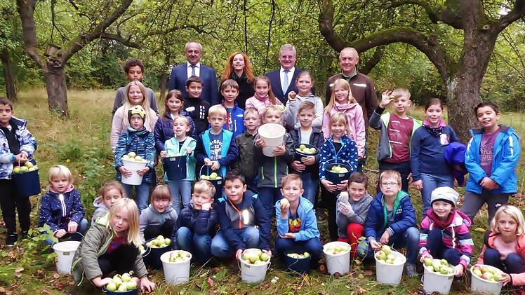 Auf der Streuobstwiese hinter der Grundschule sammelten Sch&uuml;ler der Klassen 1b und 4b &Auml;pfel auf. Obst, aus dem leckerer Saft werden soll. &Uuml;ber den Eifer der Kinder freuen sich (von links) B&uuml;rgermeister Robert H&uuml;mmer, Konrektorin Katharina Pfadenhauer, Bankvorstand Thomas Siebenaller und Hausmeister Lorenz Nastvogel.Bernd Kleinert