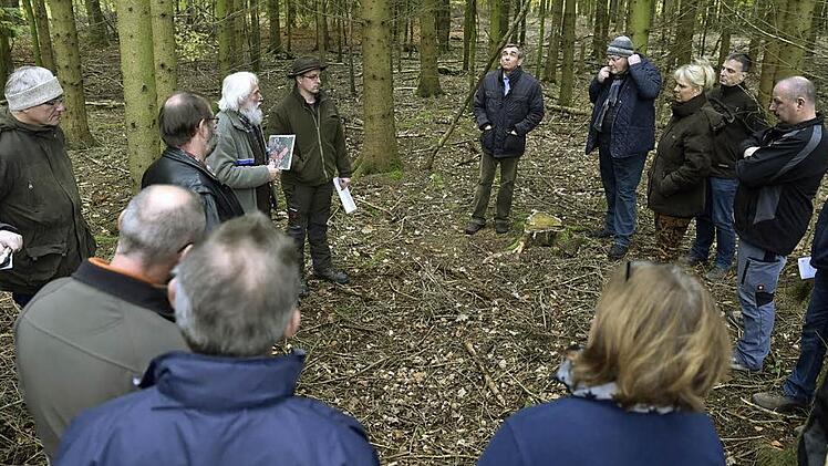 Franz Eder vom Amt für Ernährung, Landwirtschaft und Forsten aus Schweinfurt (linke Bildhälfte, mit Bart) und Stadtförster Clemens Beyer (rechts daneben) informierten Bürgermeister Claus Bittenbrünn und die Königsberger Stadträte sowie Ortssprecher beim Waldgang über die Situation im Königsberger Wald. Foto: sn