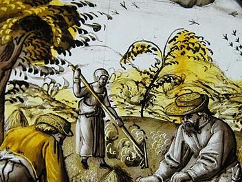 Bauern beim M&auml;hen mit Sensen, 16. Jahrhundert; Kabinettscheibe im Germanischen Nationalmuseum N&uuml;rnberg Foto: Manfred Welker