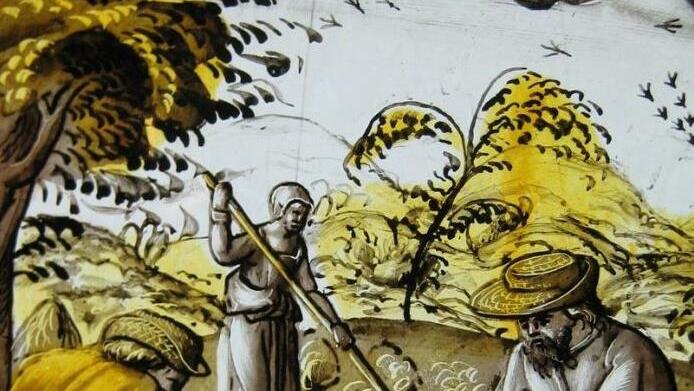 Bauern beim Mähen mit Sensen, 16. Jahrhundert; Kabinettscheibe im Germanischen Nationalmuseum Nürnberg Foto: Manfred Welker