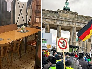 Links: Ein leerer Gaststättenraum mit Holztischen und -stühlen. Rechts: Menschenmenge bei einer Demonstration am Brandenburger Tor mit Schildern und einer Deutschlandfahne.
