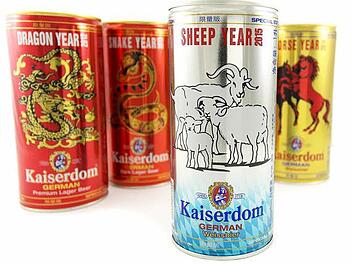 Schlange, Drache, Pferd, Schaf: Die Kaiserdom-Brauerei exportiert zum chinesischen Neujahr Ein-Liter-Bierdosen. Jedes Jahr steht im Zeichen eines anderen Tieres. Foto: Christian Hartmann/Kaiserdom