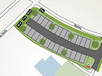 Der Wohnmobil-Stellplatz am oberen Ende des Aquaria-Geländes kann vom Badweg aus erschlossen werden. Grafik: Carolin Höfler / Quelle: Stadt Coburg