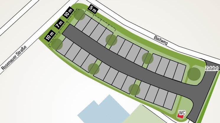 Der Wohnmobil-Stellplatz am oberen Ende des Aquaria-Geländes kann vom Badweg aus erschlossen werden. Grafik: Carolin Höfler / Quelle: Stadt Coburg