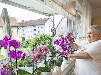 Trotz ihres Schicksalsschlages, der Vollblindheit, hat Maria S&ouml;ldner ihren Humor bewahrt. Die 75-J&auml;hrige hegt und pflegt leidenschaftlich ihre Orchideen neben weiteren Pflanzen. Fotos. Ren&eacute; Ruprecht