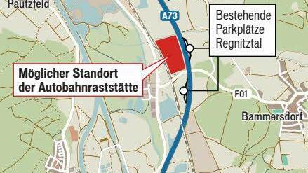 Geplanter Standort der Autobahnraststätte Regnitztal; sie könnte bis 2022 fertiggebaut sein. Grafik: Klaus Heim/Mediengruppe Oberfranken