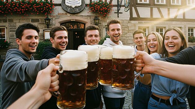 Ein paar junge Frauen und Männer stoßen vor einer Brauereigaststätte mit Krügen an, in denen Bockbier ist.