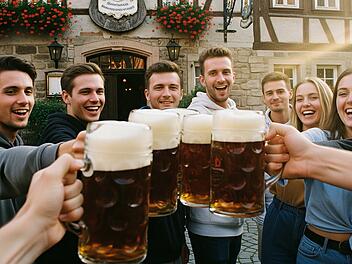 Ein paar junge Frauen und Männer stoßen vor einer Brauereigaststätte mit Krügen an, in denen Bockbier ist.