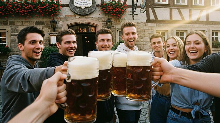 Ein paar junge Frauen und Männer stoßen vor einer Brauereigaststätte mit Krügen an, in denen Bockbier ist.