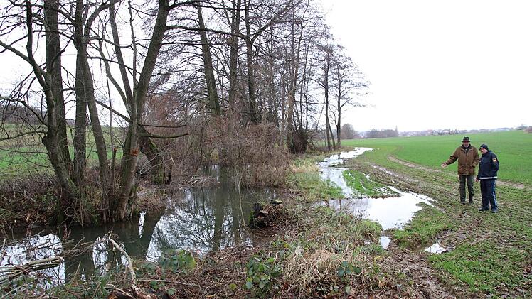Den Ellernbach bei Litzendorf (im Hintergrund) hat der Biber mehrfach aufgestaut, das Wasser fließt über die Äcker.