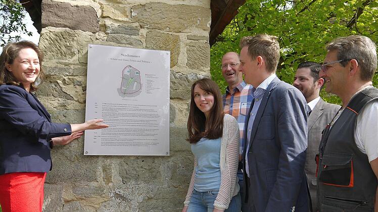 Gut gemacht: Anja Augustin erläutert Jenny Liebermann, Lothar Mulack, Tobias Ehrlicher, Pfarrer Christian Rosenzweig und Bauhofleiter Klaus Sommer (von links) die Fakten, die sie über die historische Stadtmauer gesammelt hat. Foto: Berthold Köhler