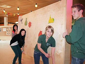 Christoph Weiß und Stefanie Pöttner von der Meisterschule sowie Keana Wongsa und die Mittelschülerin Tamara Kuczera stellen eine der Wände auf, die künftig von Fall zu Fall als Raumteiler in der Mittelschul-Aula fungieren sollen.  Fotos: Eckehard Kiesewetter