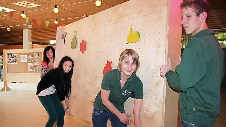Christoph Weiß und Stefanie Pöttner von der Meisterschule sowie Keana Wongsa und die Mittelschülerin Tamara Kuczera stellen eine der Wände auf, die künftig von Fall zu Fall als Raumteiler in der Mittelschul-Aula fungieren sollen.  Fotos: Eckehard Kiesewetter