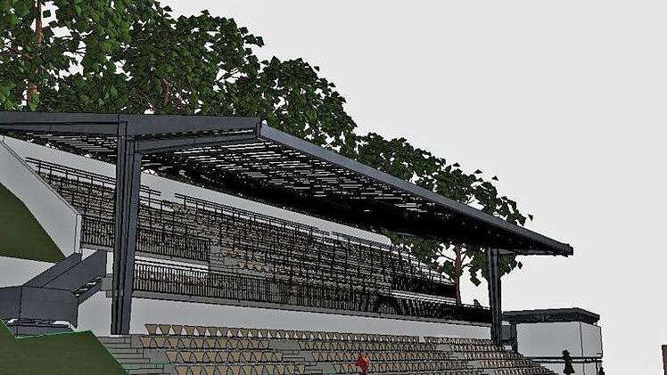 So könnten die neue Bühne und Tribüne für die Scherenburgfestspiele in Gemünden aussehen, hinten rechts neben der Bühne das Gebäude mit Lager, Garderobe, Sanitärräumen. Skizze Architekturbüro Kraus