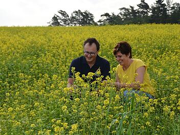 Blütenmeer in Goldgelb: Manfred und Birgit Distler sind sehr zufrieden mit der Entwicklung des Senfs auf ihrem Feld. Der Regen der vergangenen Tage war wertvoll. Foto: Dagmar Besand