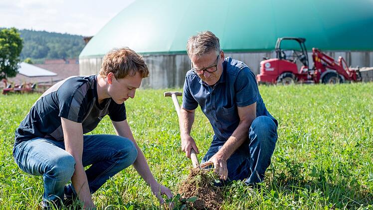 Natürliche Stickstoffbringer als Unter- oder Zwischenfrucht ersetzen im Bioanbau Kunstdünger, womit eine Abhängigkeit von Marktgeschehen für Eberhard Räder (rechts) und Sohn Veit wegfällt. Foto Alexander Dietz
