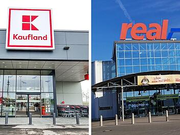 Links ist das Kaufland-Logo auf einem modernen Gebäude, rechts das Real-Logo auf einem Glas-Eingang. Der Real-Markt wird künftig zu Kaufland.