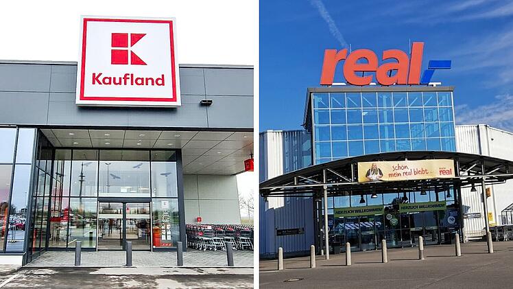Links ist das Kaufland-Logo auf einem modernen Gebäude, rechts das Real-Logo auf einem Glas-Eingang. Der Real-Markt wird künftig zu Kaufland.
