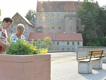 Brunhilde Hillenbrand, Kassier beim Heimat-, Wander- und Gartenbauverein Aschach und die Vorsitzende , Herta Müller (von links) , beim Pflegen der Anlagen. Foto: Björn Hein