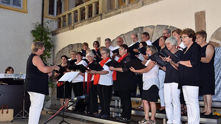 Ein fröhliches Konzert gaben der gemischte Chor (im Bild), der Kinderchor, der Teeniechor und der Projektchor des Gesangvereins Eintracht Wonfurt 1900 unter der Leitung von Waltraud Hellwig zusammen mit einem Instrumentalensemble im Schlosshof in Wonfurt. Foto: Ulrike Langer