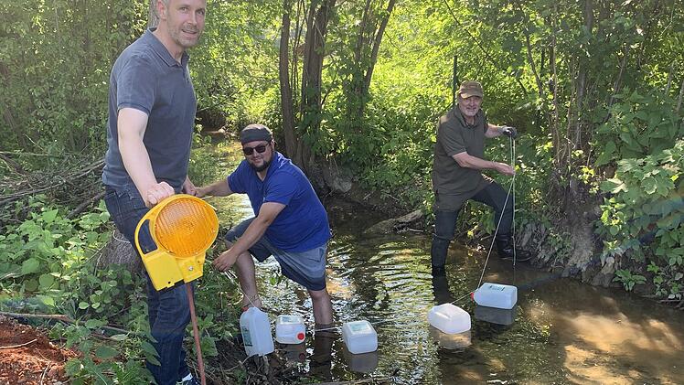 Bürgermeister Martin Bernreuther legte mit Hand an und half Bademeister Armin Schamel und Biberberater Hans-Joachim Küfner beim Errichten einer Biber-Barriere. Der Biber bewegt sich pfeilschnell im Wasser, wenn dort Kanister schwimmen, sucht er sich eine andere Route.