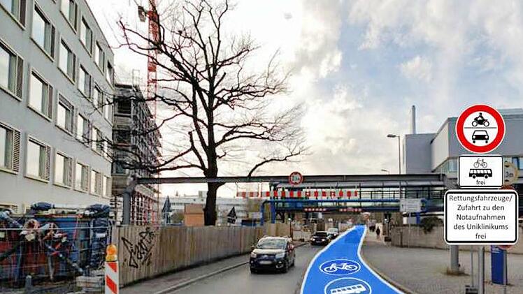 Nur Notfälle dürfen durch: Die Fotomontage der Stadt Erlangen zeigt, wie künftig vor dem  Universitätsklinikum  in Richtung Westen die Verkehrsführung mit einer "unechten Einbahnstraße" geregelt werden könnte. Das Bild ist in Richtung Maximiliansplatz/Neue Straße mit der Hindenburgstraße im Rücken aufgenommen. Foto/Montage: Stadt Erlangen