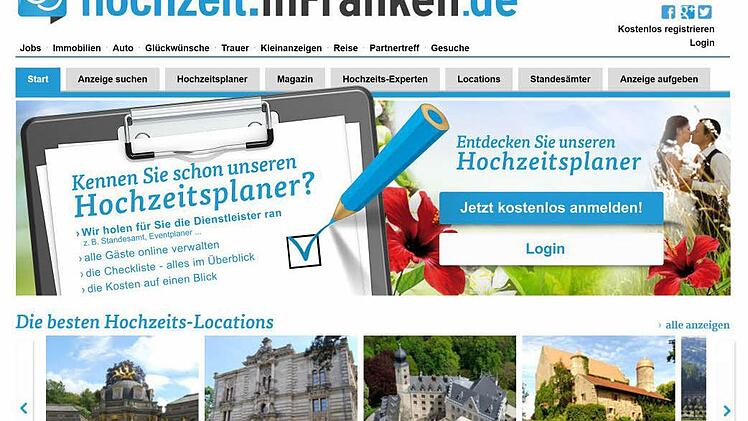 Der Screenshot zeigt die Startseite des neuen Internetportals www.hochzeit.infranken.de.