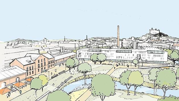 So hatte sich der Würzburger Schirmer das Campus-Areal auf dem Güterbahnhof vorgestellt. Dieses Modell hatte er dem Kulmbacher Stadtrat vorgestellt.Grafik: Archiv/Büro Schirmer